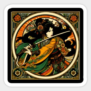 Chinese Swordswoman in a Mucha Art Nouveau Style Sticker